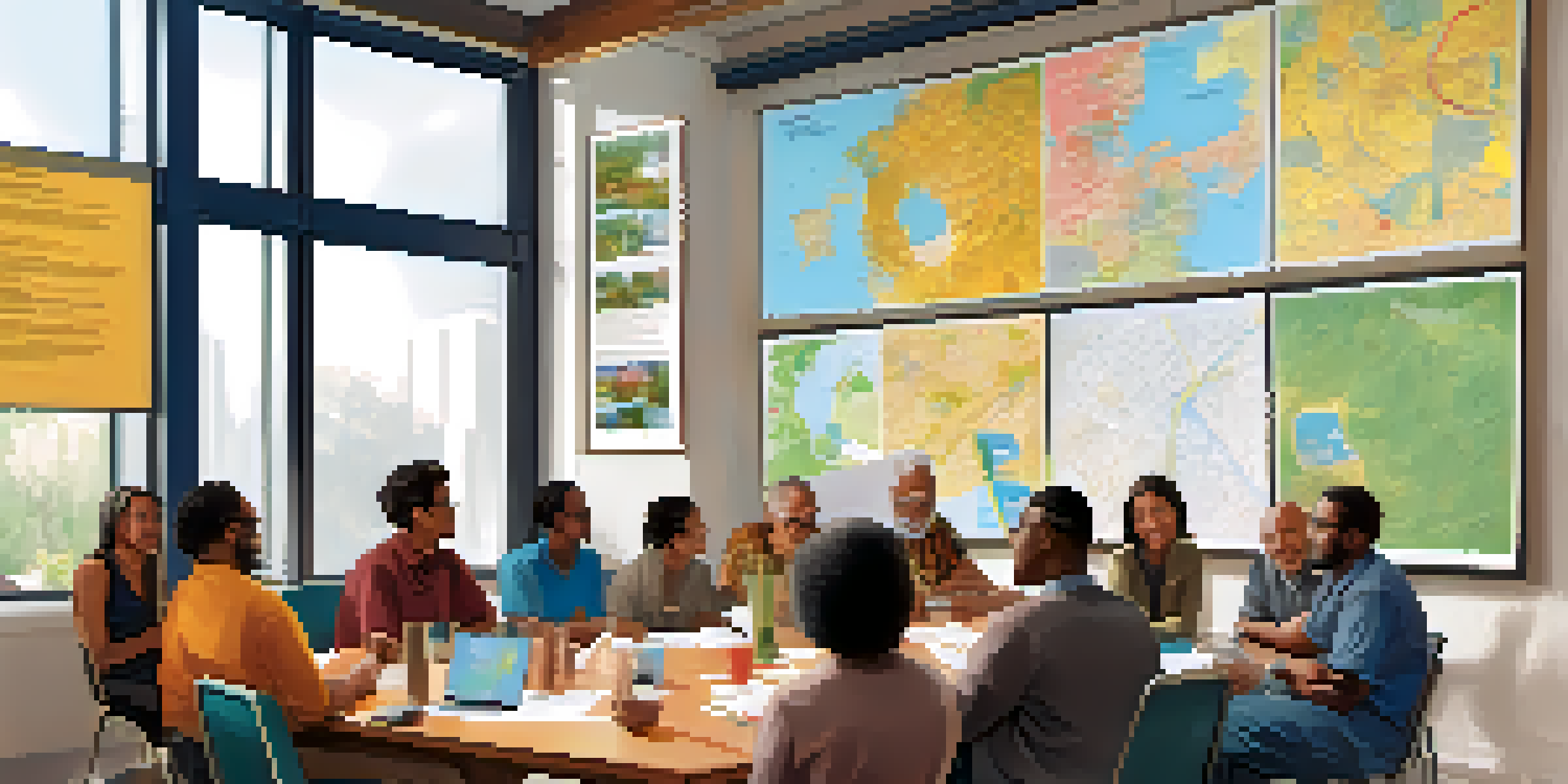 A diverse group of residents participating in a community meeting about urban planning, with maps and planning documents on the table and colorful posters on the walls.