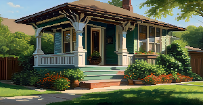 A Craftsman bungalow with a low-pitched roof and wide porch, surrounded by greenery and flowers in Austin.