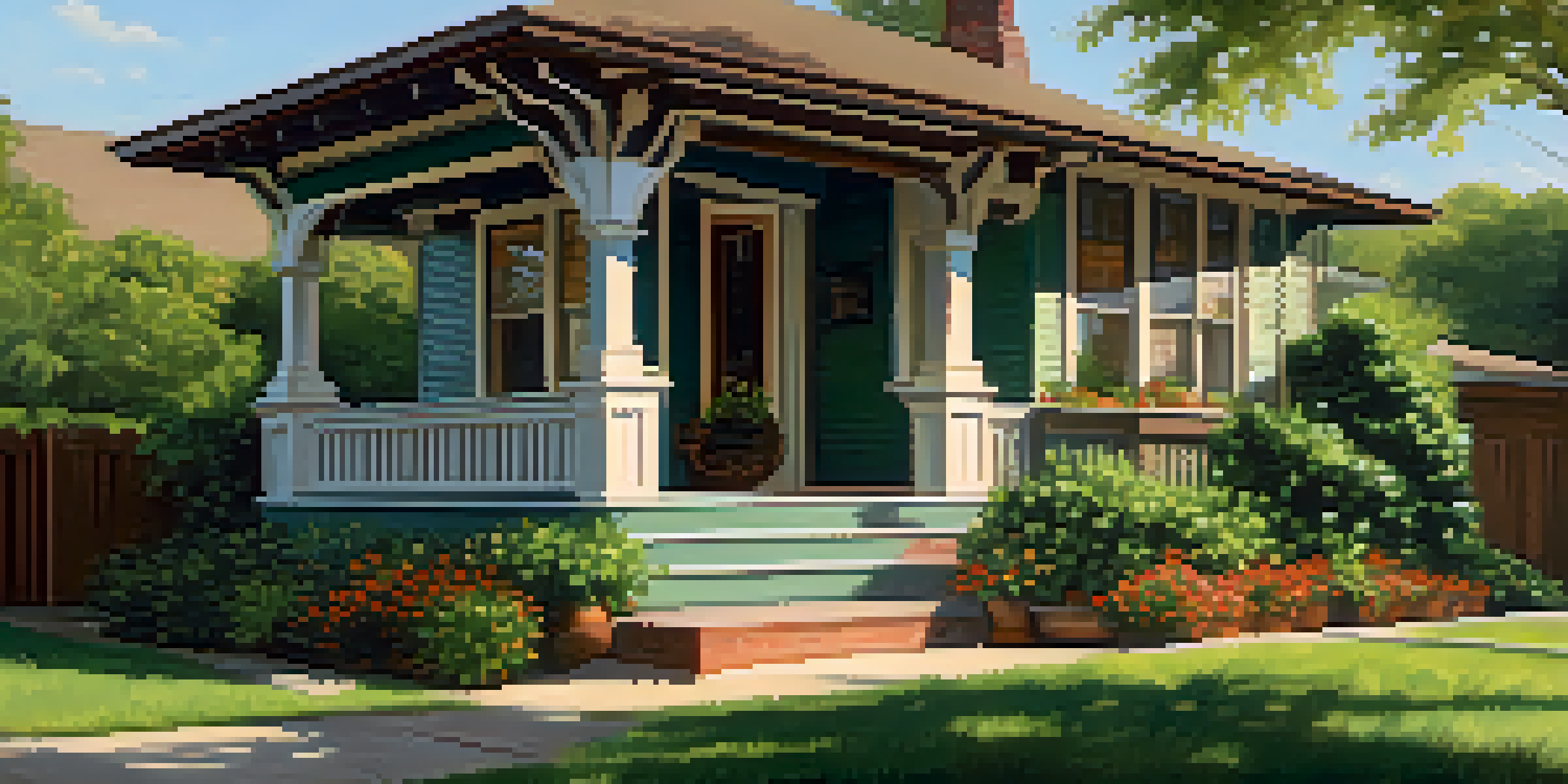 A Craftsman bungalow with a low-pitched roof and wide porch, surrounded by greenery and flowers in Austin.