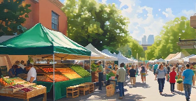 A lively farmers' market in Austin with colorful stalls and diverse people enjoying fresh produce.