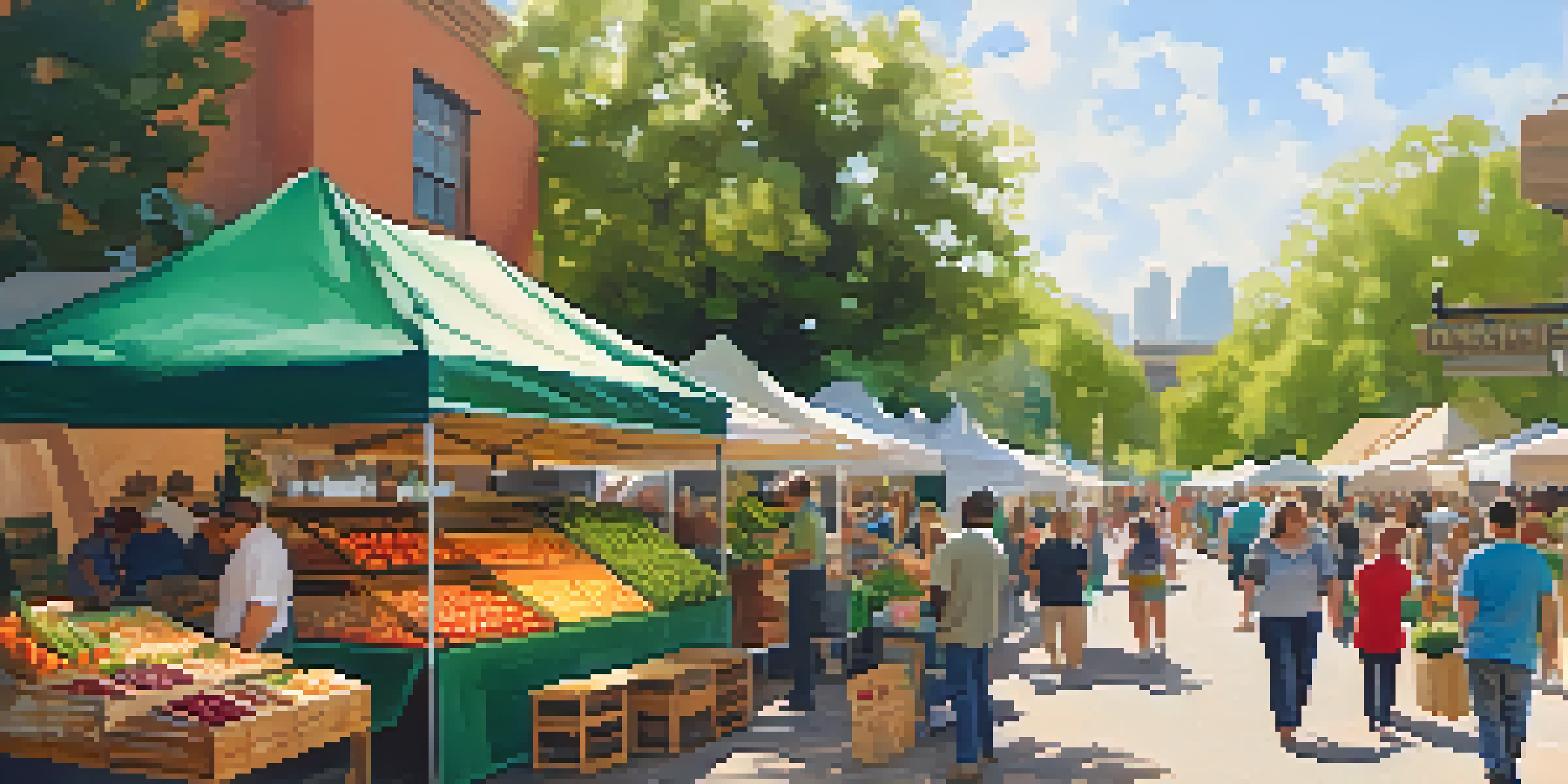 A lively farmers' market in Austin with colorful stalls and diverse people enjoying fresh produce.