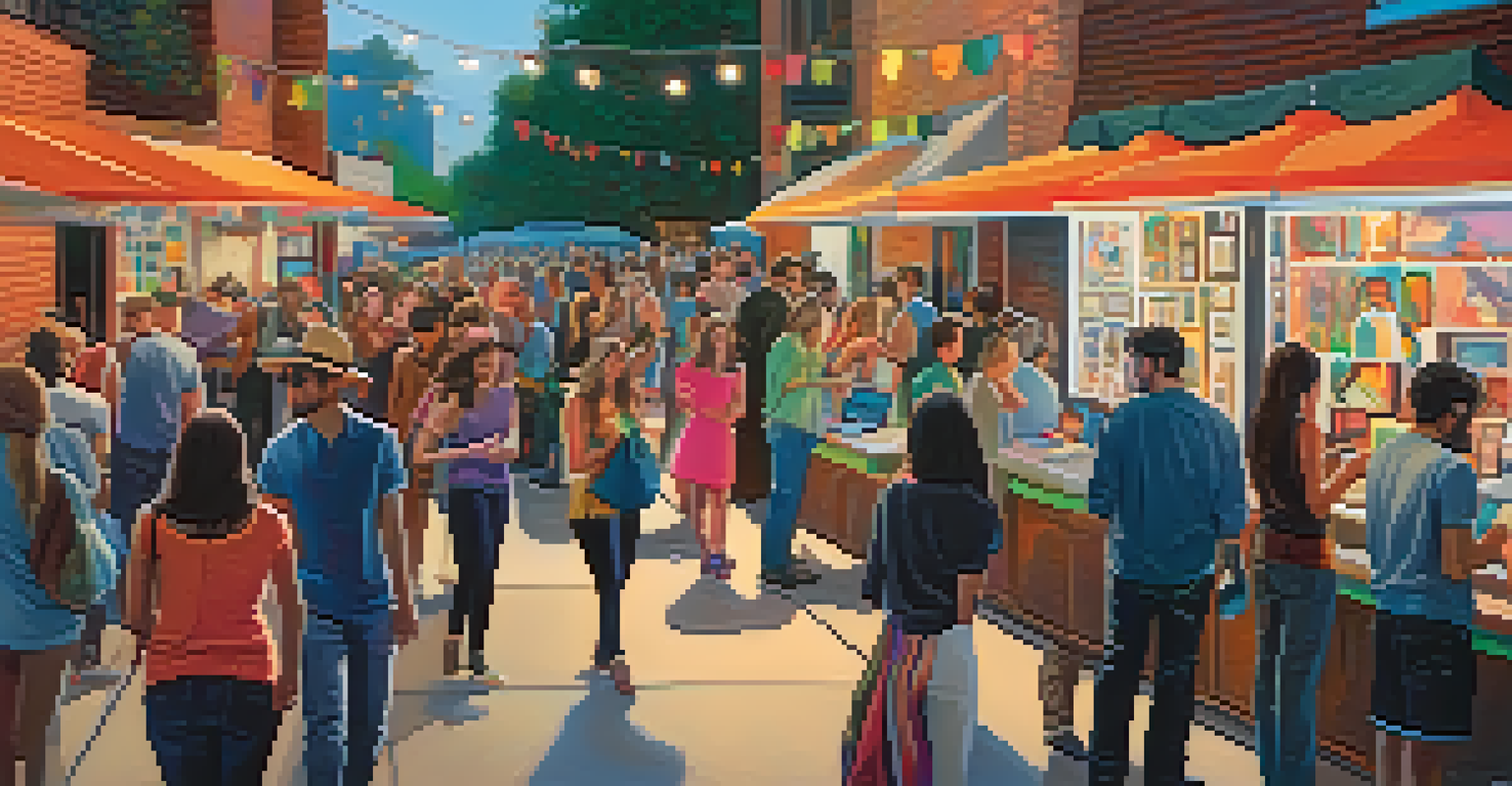 A contemporary art collective event in Austin with artists exhibiting digital and traditional art amid an energetic crowd.
