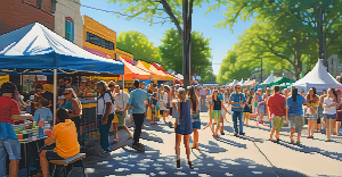 A lively street scene at a festival in Austin, featuring colorful food stalls and festival-goers, with sunlight filtering through trees and a musician performing on stage.