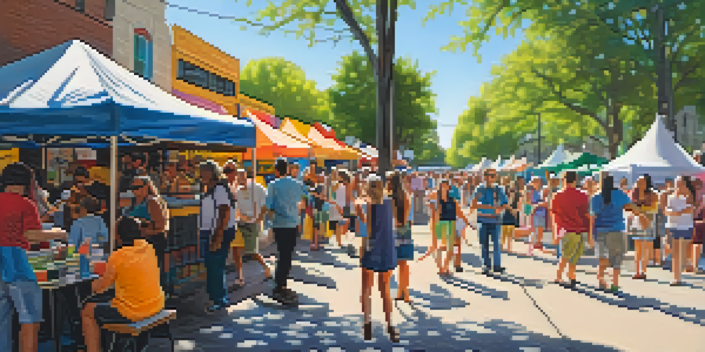 A lively street scene at a festival in Austin, featuring colorful food stalls and festival-goers, with sunlight filtering through trees and a musician performing on stage.