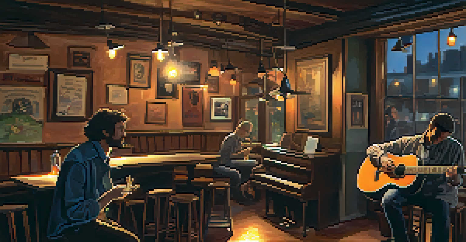 An intimate jam session in a cozy bar in Austin, featuring a guitar player and a soulful singer amidst rustic decor and warm lighting.
