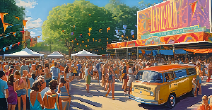 A lively outdoor festival scene in Austin in the 1960s, with people enjoying music and art, colorful banners, and the Armadillo World Headquarters in the background.