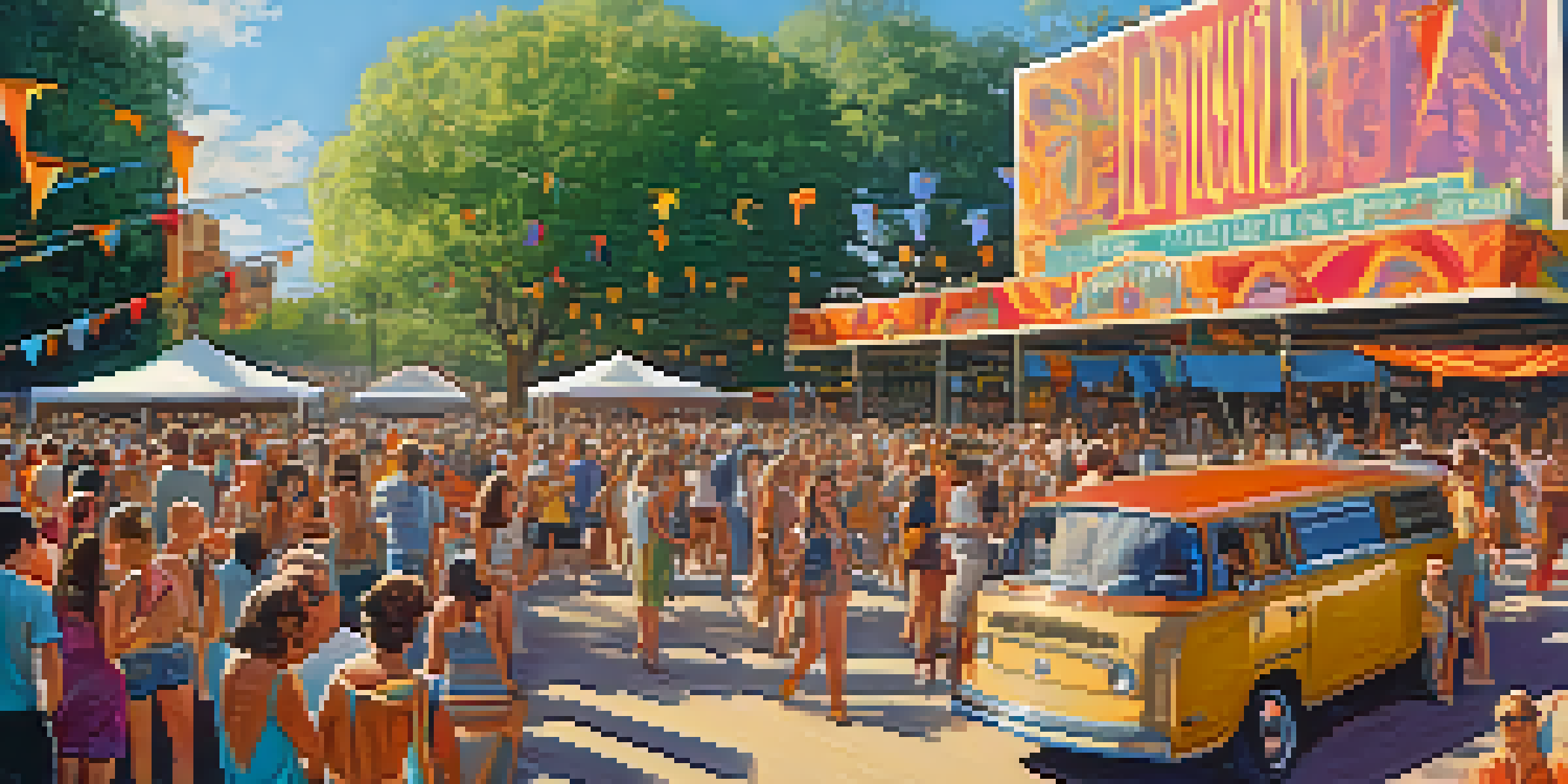A lively outdoor festival scene in Austin in the 1960s, with people enjoying music and art, colorful banners, and the Armadillo World Headquarters in the background.