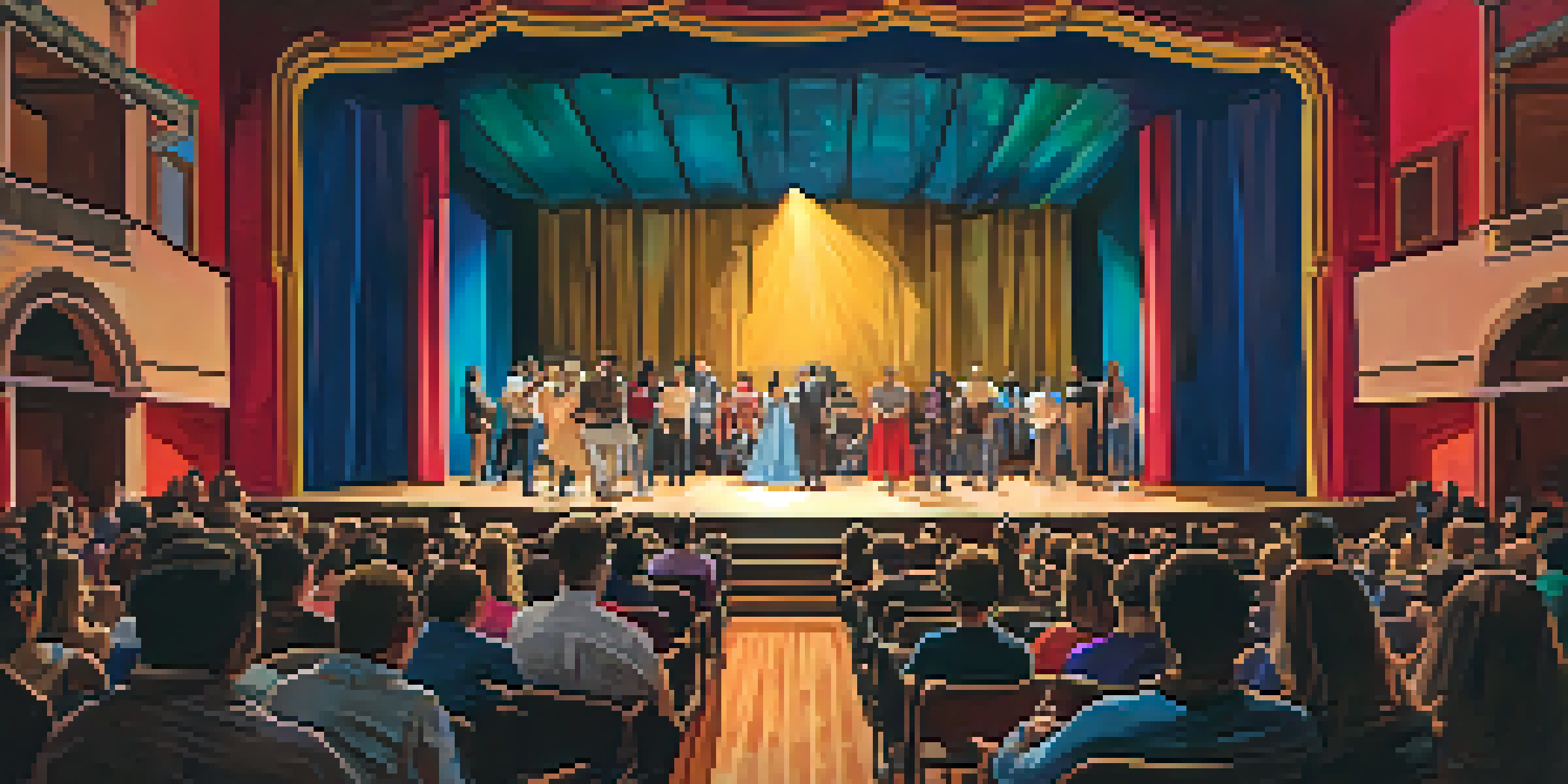 A community theater performance in Austin with a diverse cast on stage, colorful set design, and an engaged audience.