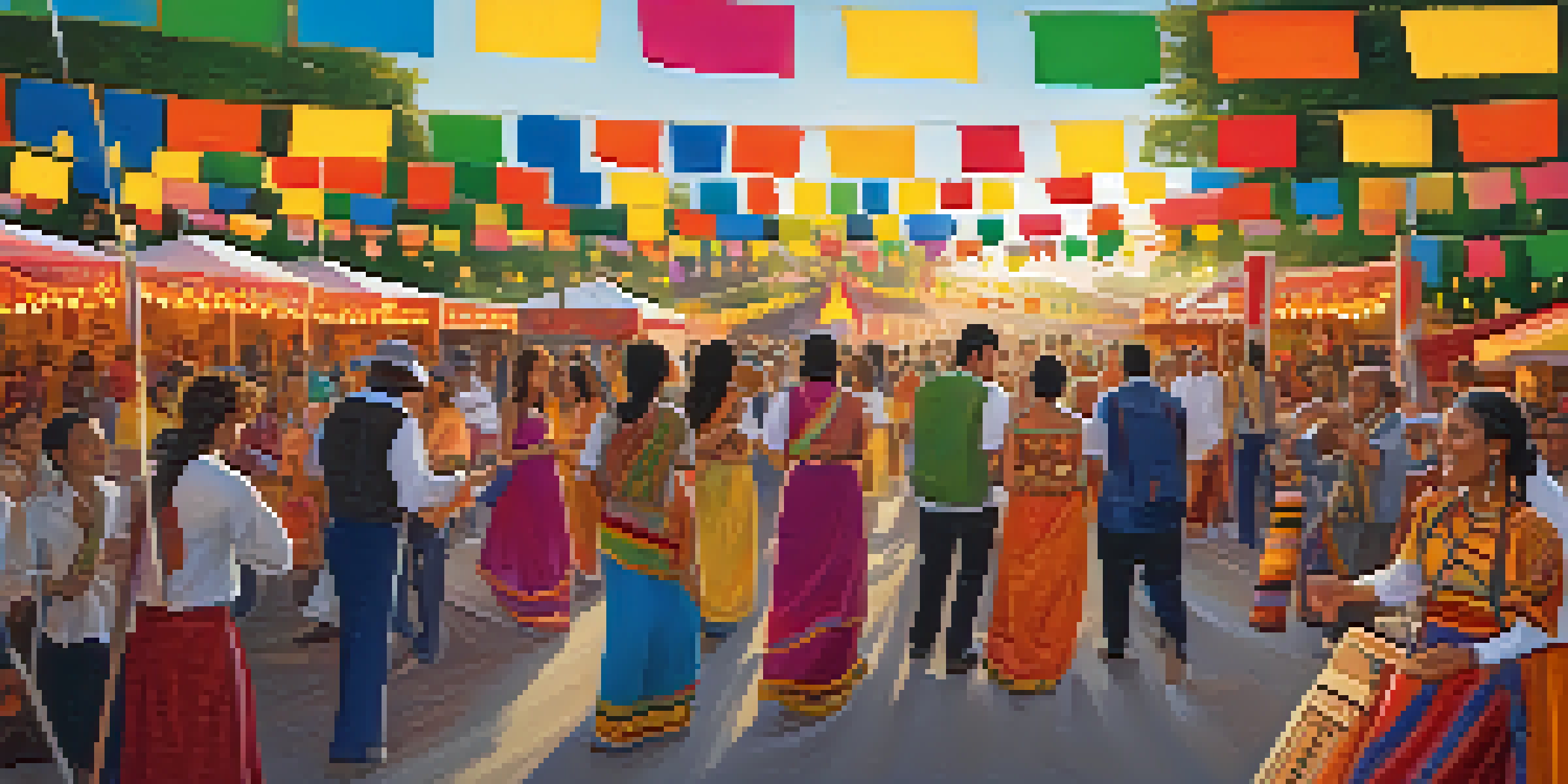 A lively cultural festival in Austin with people in traditional clothing, sharing food and dancing under lights.