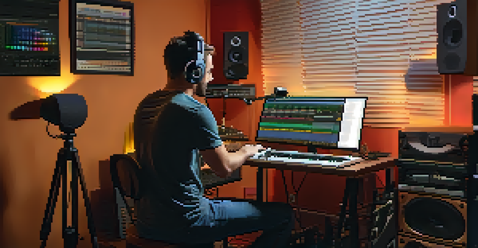 A musician in a home studio using music production software on a laptop, surrounded by instruments and warm lighting.
