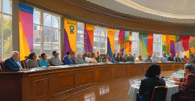 A diverse group of community members attentively listening to a speaker during a city council meeting in a bright, welcoming room.