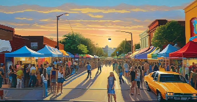 A bustling street in Austin with local artists showcasing their work during First Thursdays, colorful murals in the background, and people enjoying the lively atmosphere.