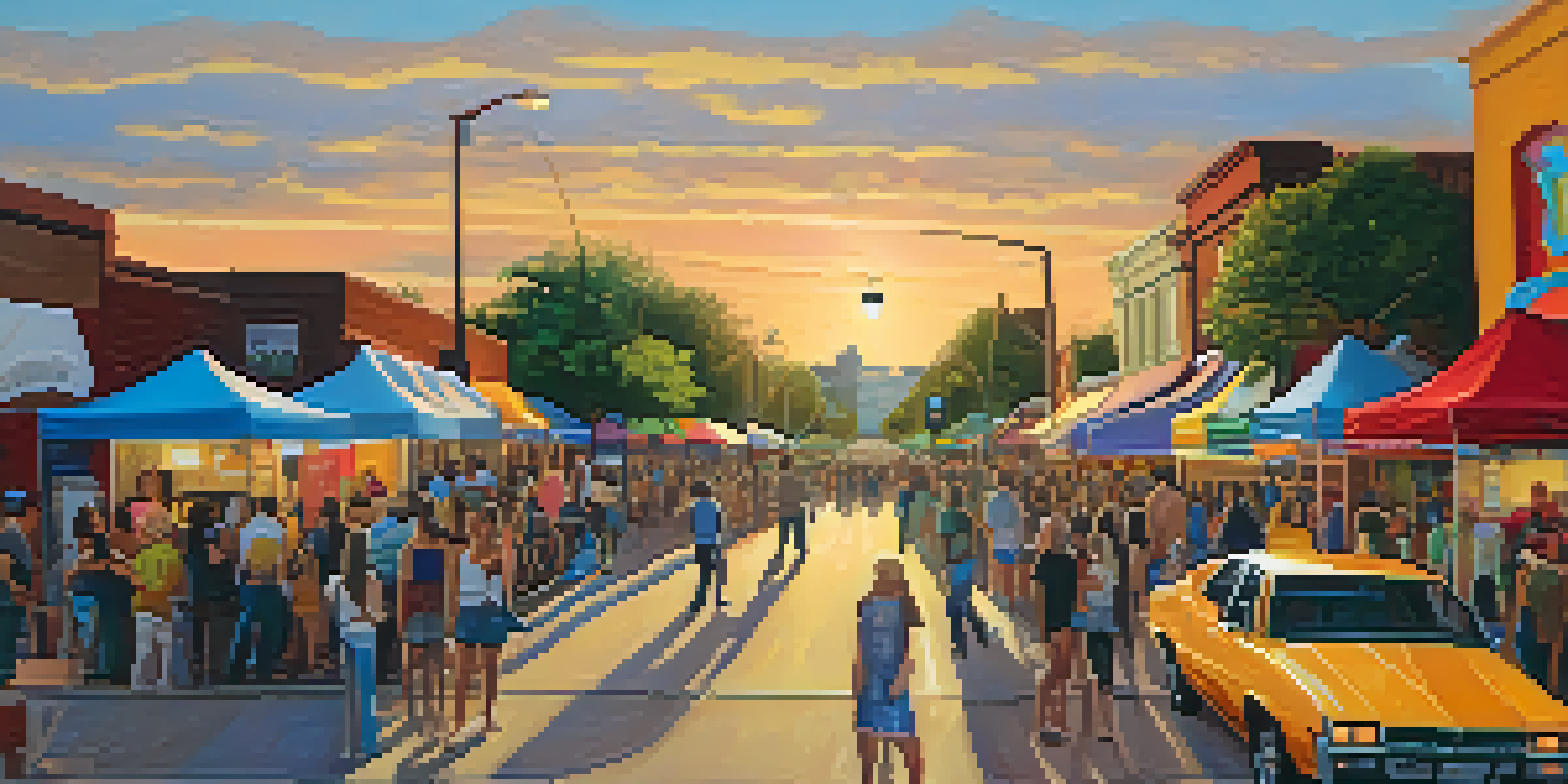 A bustling street in Austin with local artists showcasing their work during First Thursdays, colorful murals in the background, and people enjoying the lively atmosphere.