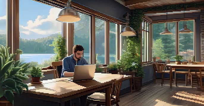 A digital nomad working on a laptop in a cozy café with a view of a sunlit lake through the window.