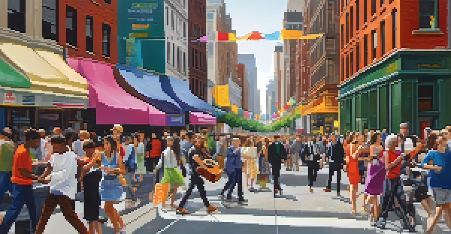 A vibrant street scene in New York City, filled with diverse pedestrians and a street musician.