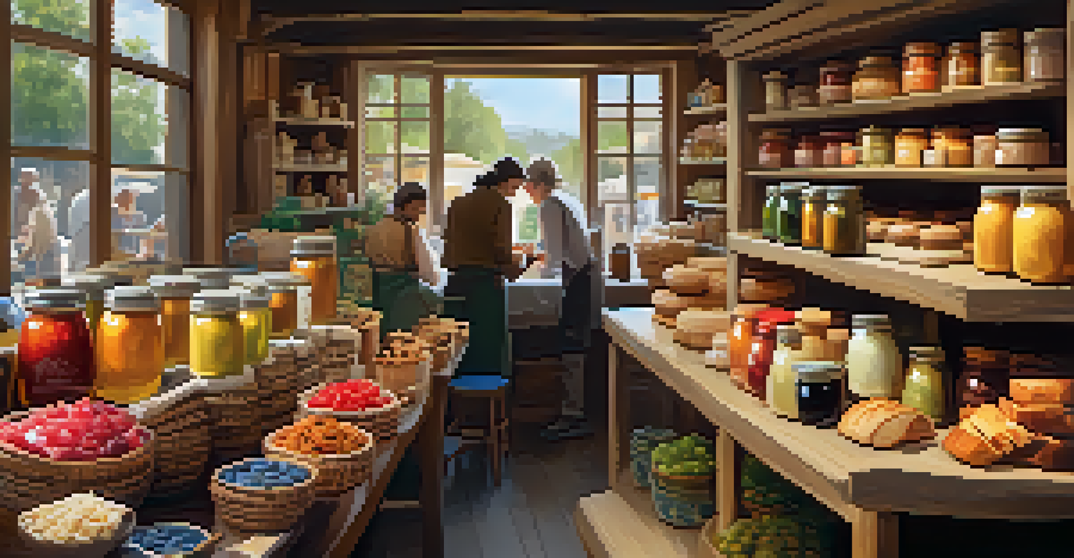 A market corner displaying gourmet food products like jams and cheeses on a wooden table.