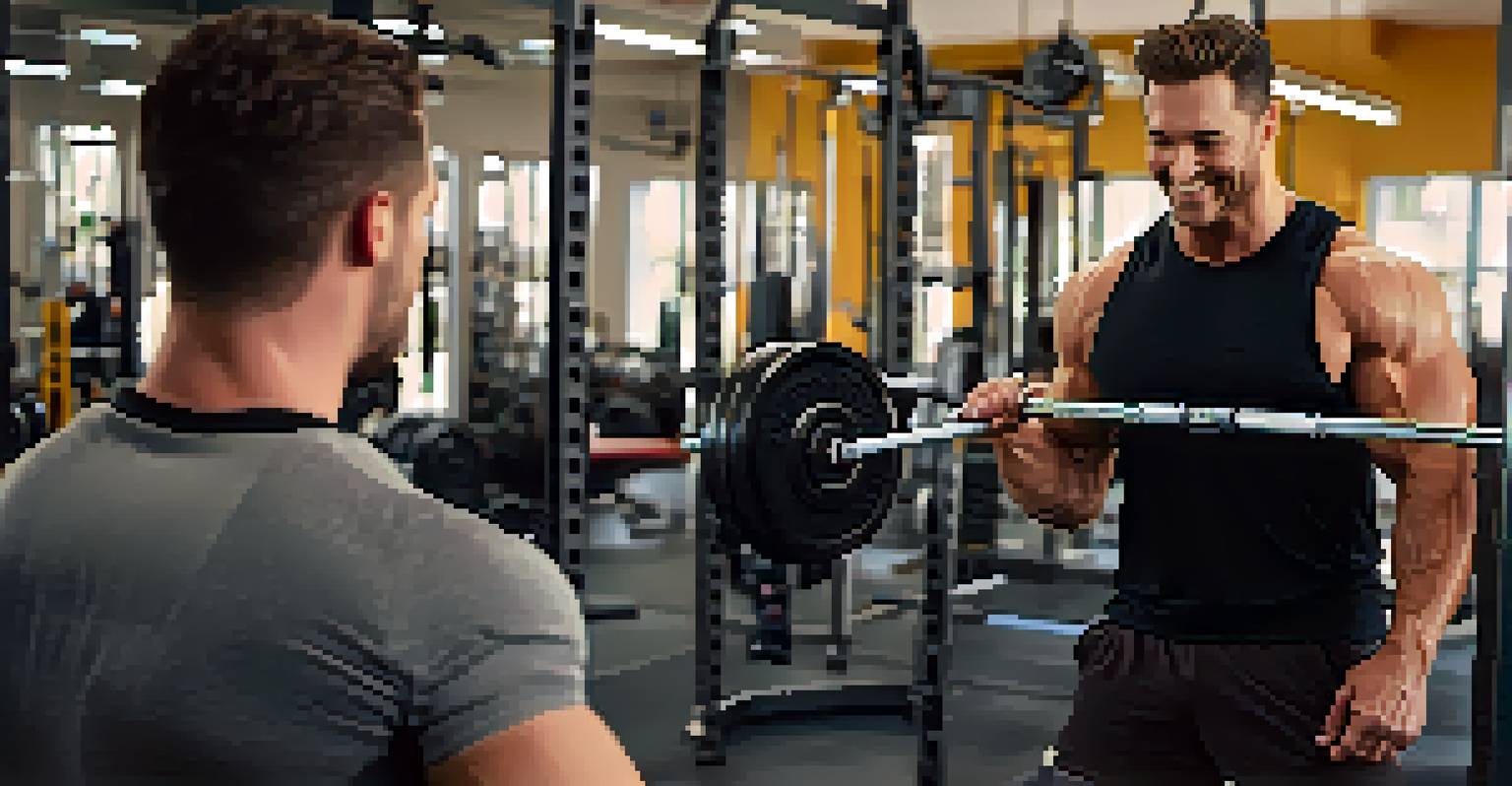 A personal trainer guiding a gym member on proper lifting techniques in a well-equipped gym.