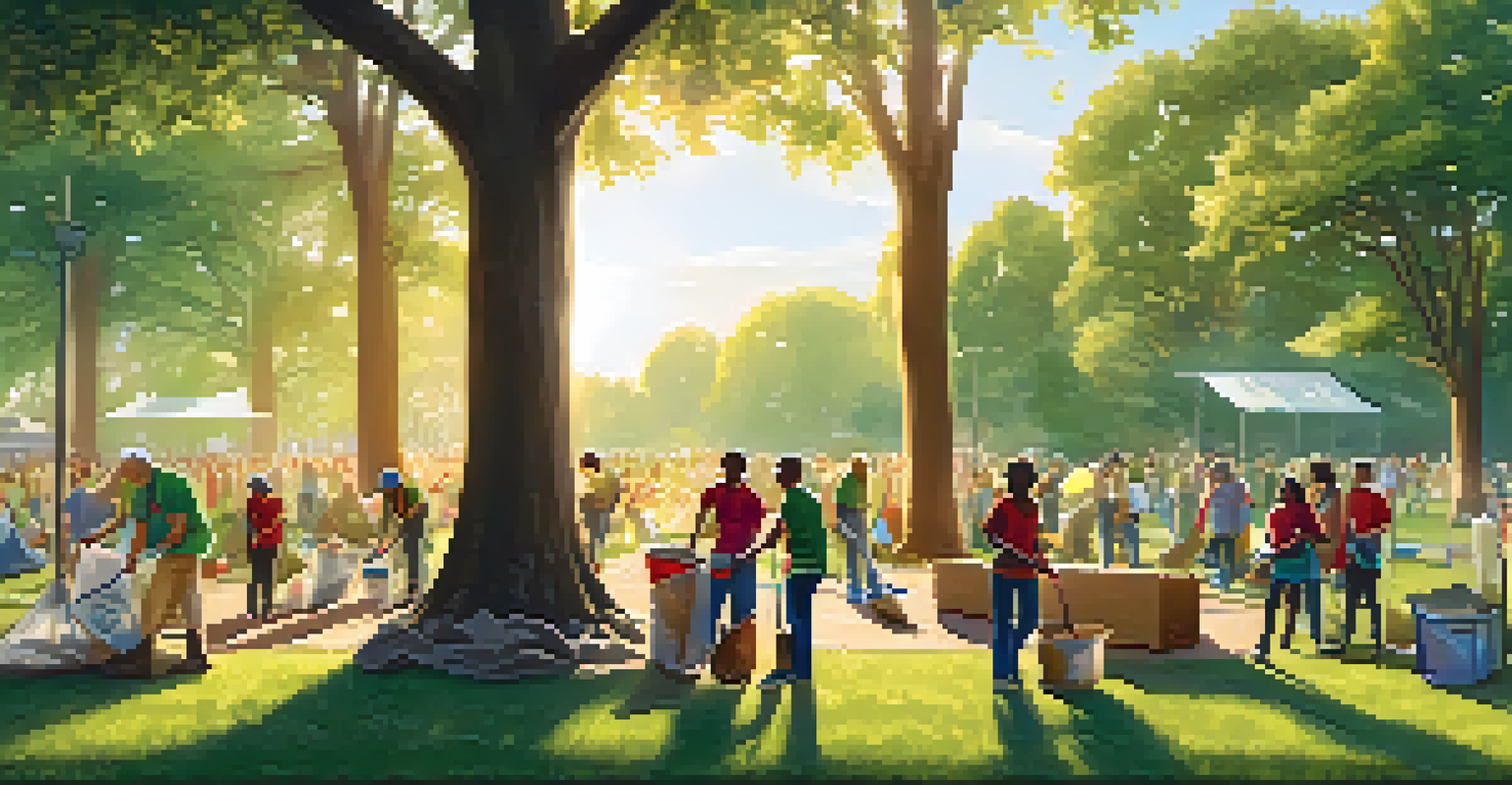 Community members participating in a clean-up event in a local park filled with trees and grass.