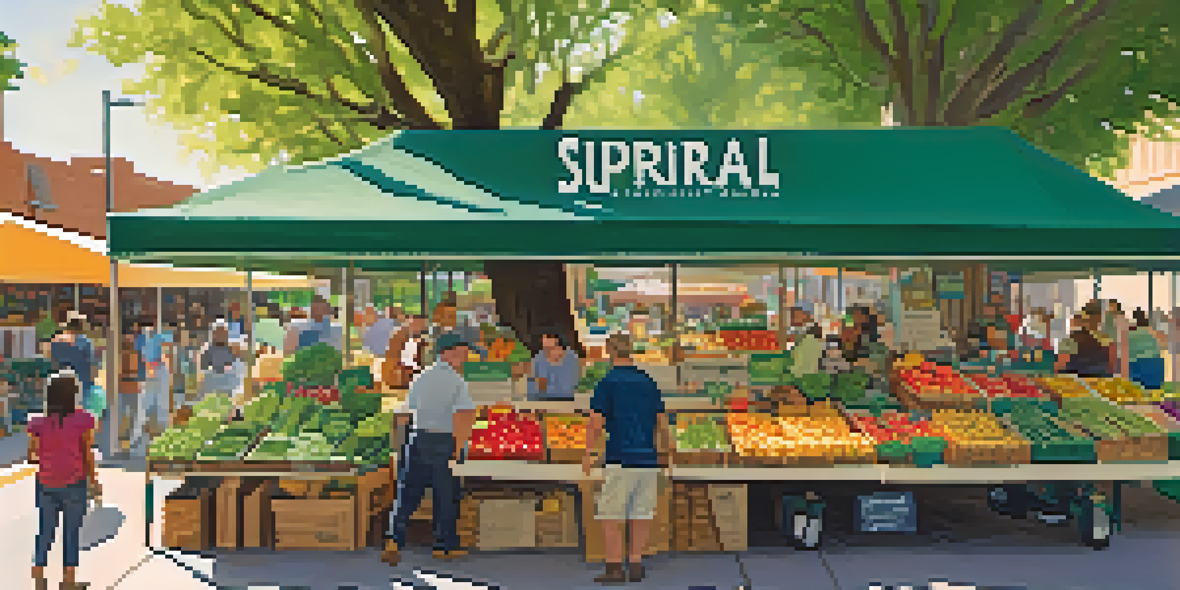 A bustling farmers' market in Austin with stalls of fresh produce and diverse shoppers interacting with vendors under warm sunlight.
