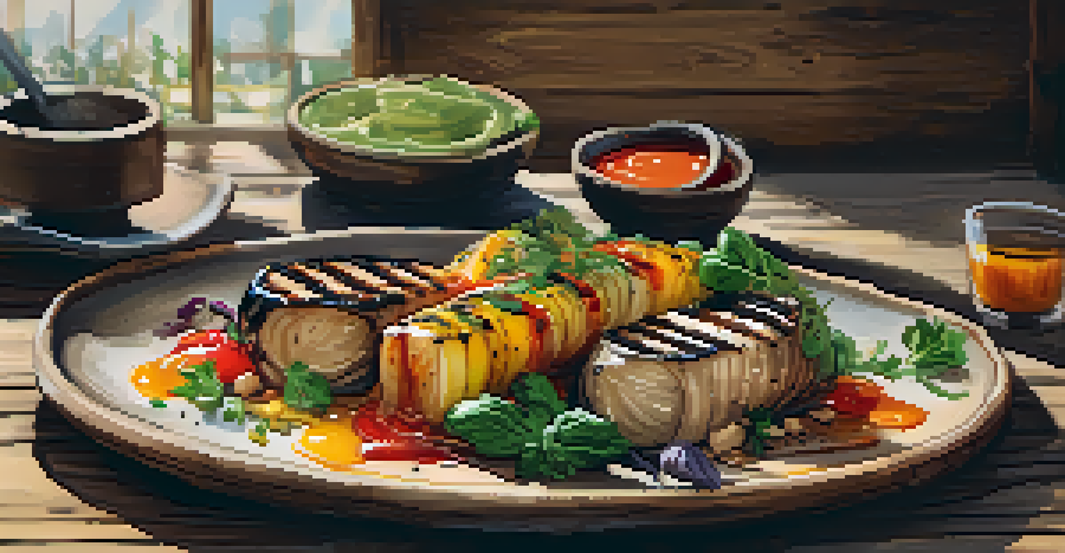 A gourmet dish made with local ingredients, artfully plated on a rustic table, with warm lighting enhancing the food's colors.