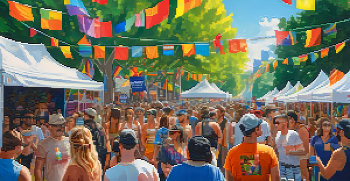 A lively street filled with people celebrating at the Austin LGBTQ+ Pride Festival, surrounded by colorful flags and local artwork.
