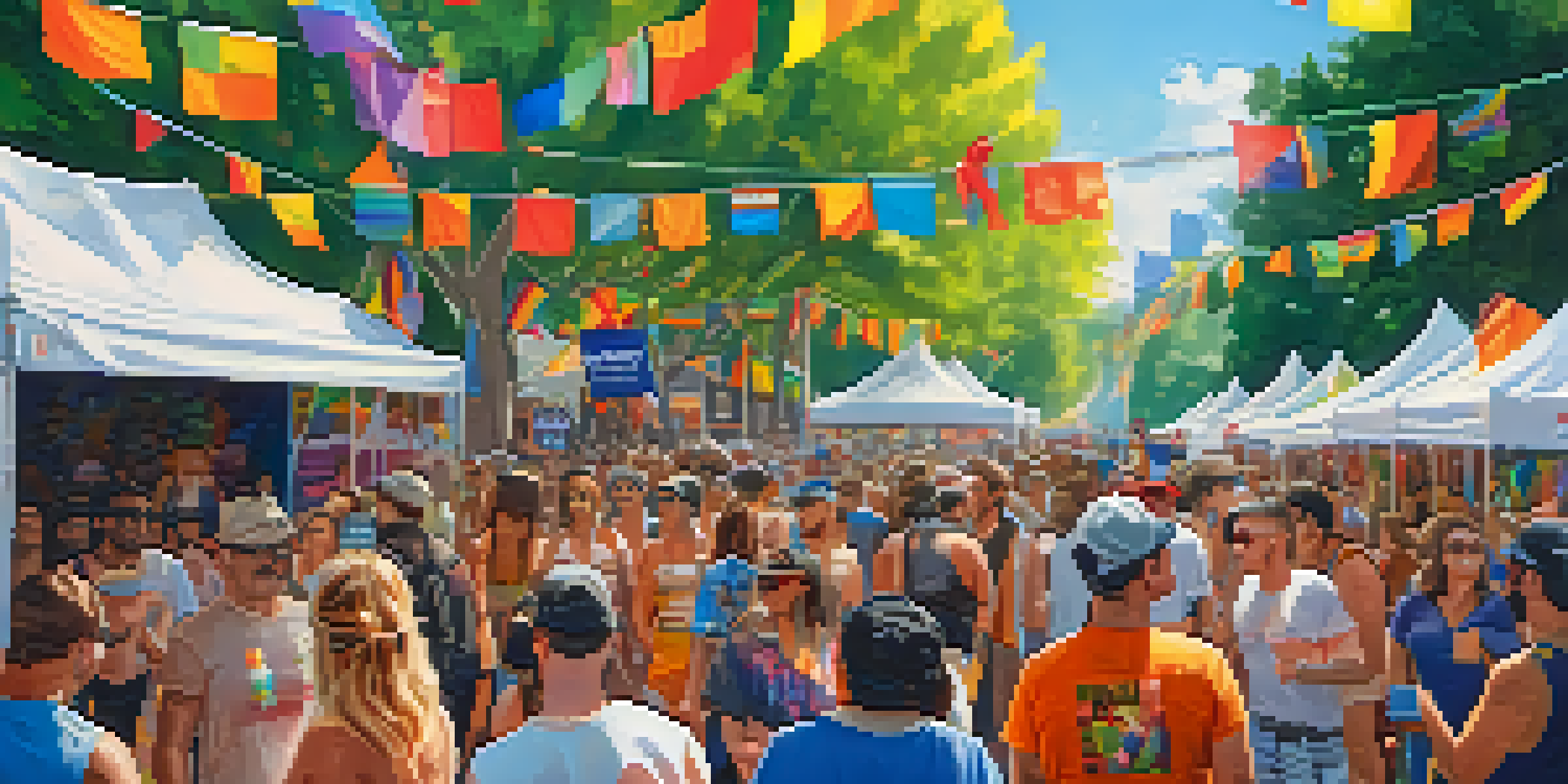 A lively street filled with people celebrating at the Austin LGBTQ+ Pride Festival, surrounded by colorful flags and local artwork.