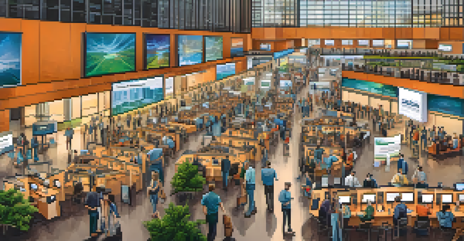 Aerial view of a busy tech conference in Austin, with people networking and various technology booths.