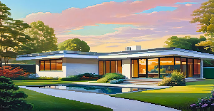 A Mid-Century Modern home surrounded by greenery, showcasing large glass windows and a flat roof during sunset.