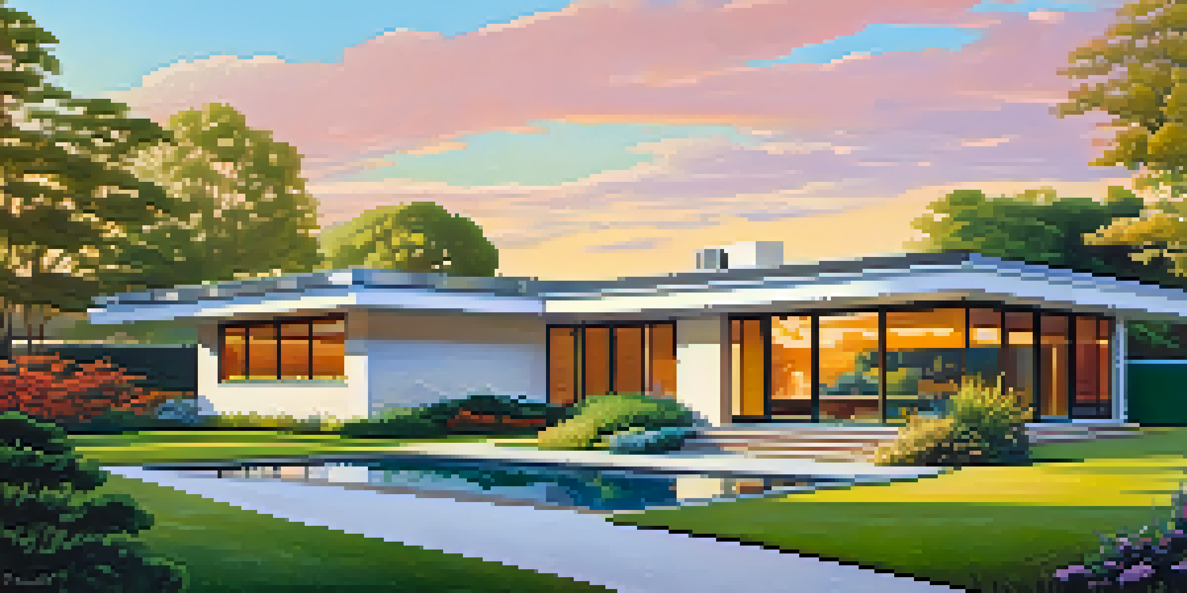 A Mid-Century Modern home surrounded by greenery, showcasing large glass windows and a flat roof during sunset.
