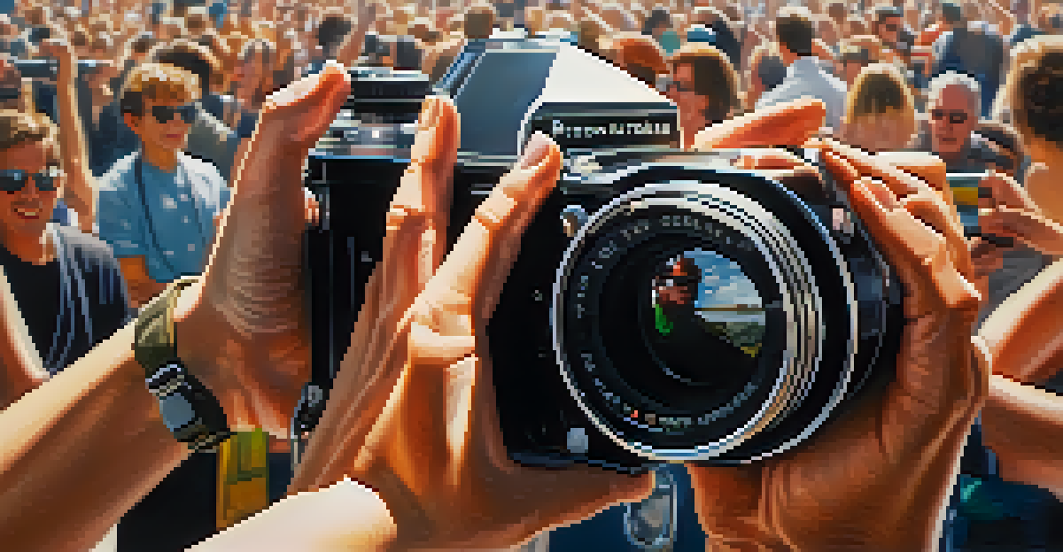 A close-up of a filmmaker's hands holding a camera at a film festival, with blurred festival banners in the background.