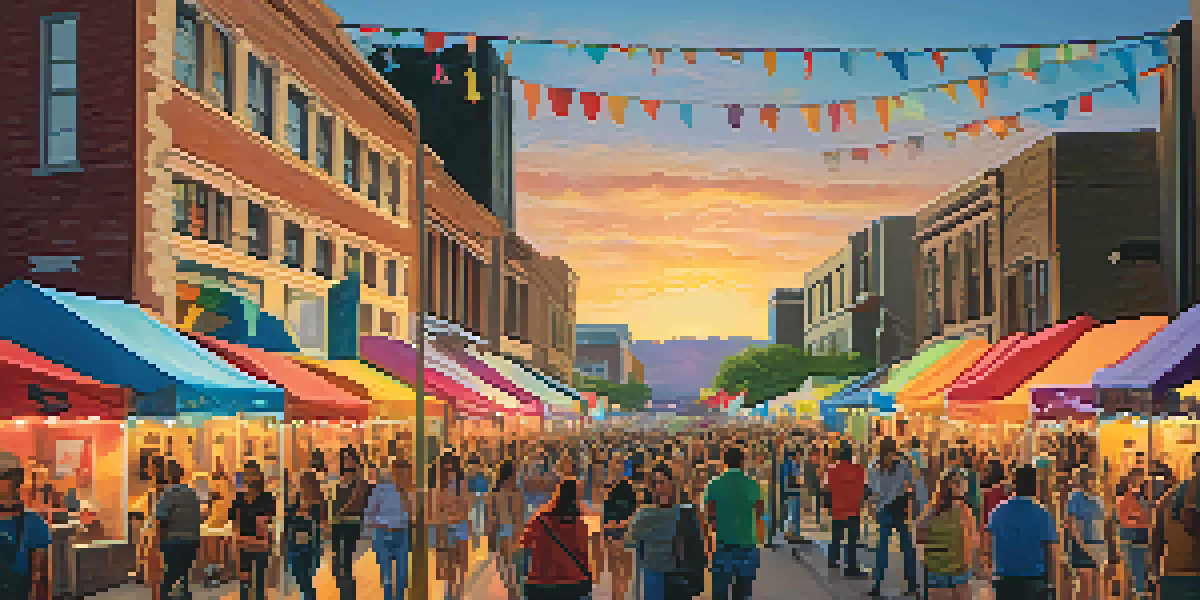 A lively street scene at the SXSW festival in Austin with diverse attendees, colorful banners, and sunset lighting.
