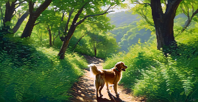 A golden retriever joyfully exploring a green hiking trail in Austin, with a couple hiking in the background.