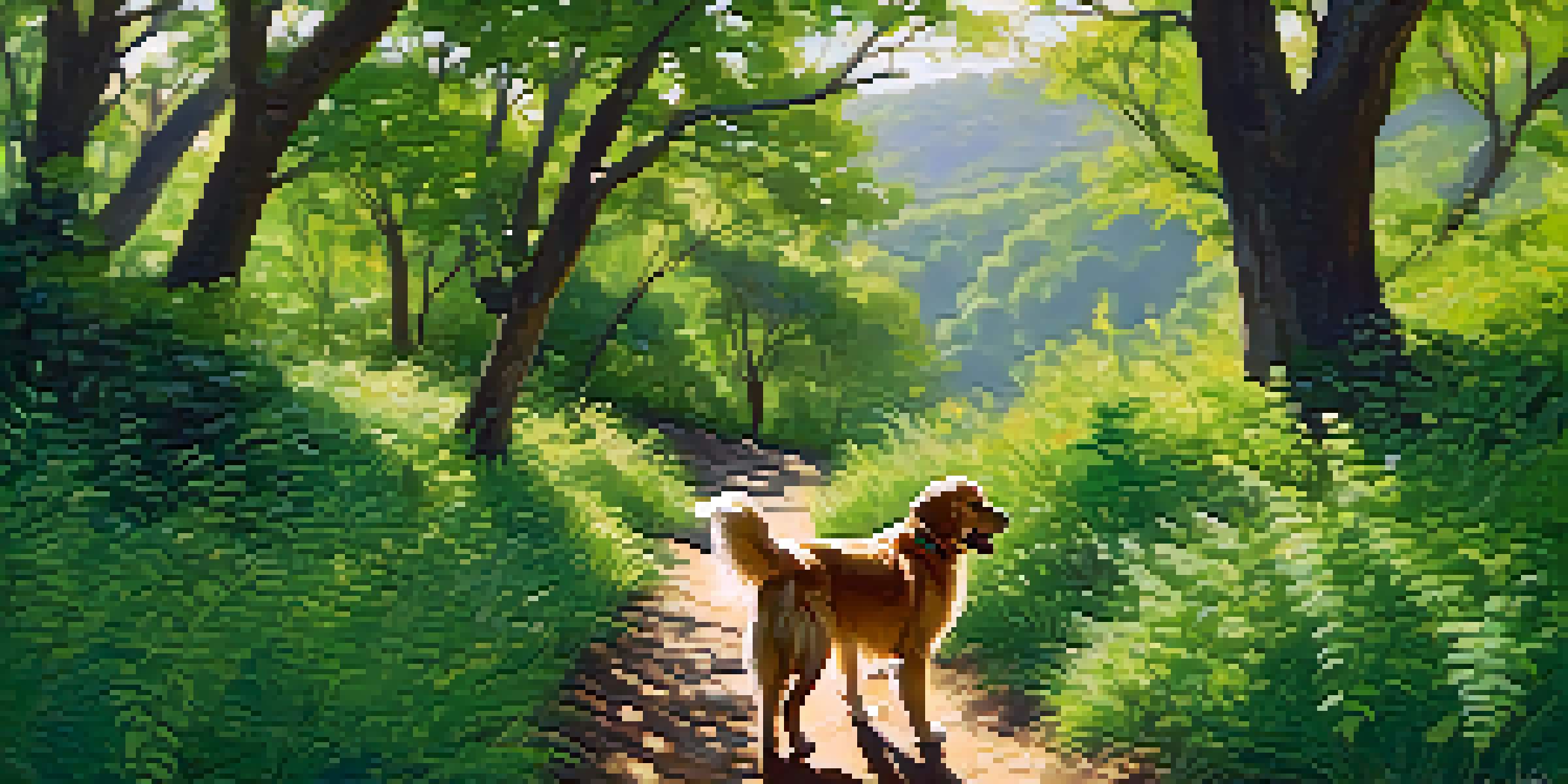 A golden retriever joyfully exploring a green hiking trail in Austin, with a couple hiking in the background.