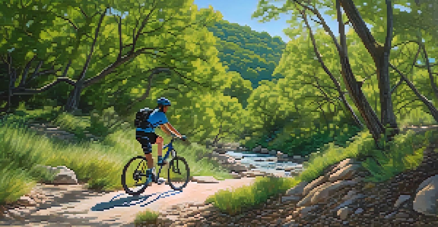 A cyclist riding on the rocky trails of Barton Creek Greenbelt, surrounded by lush trees and bright sunlight.