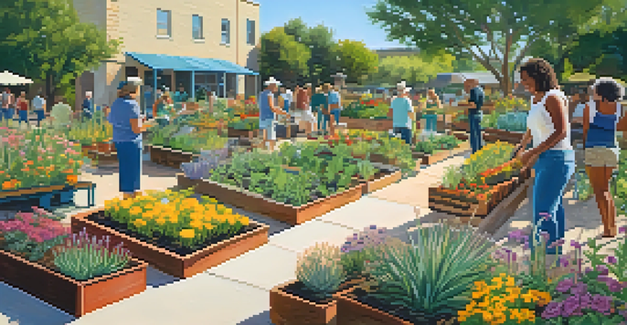 A colorful community garden in Austin with residents gardening under a sunny sky.