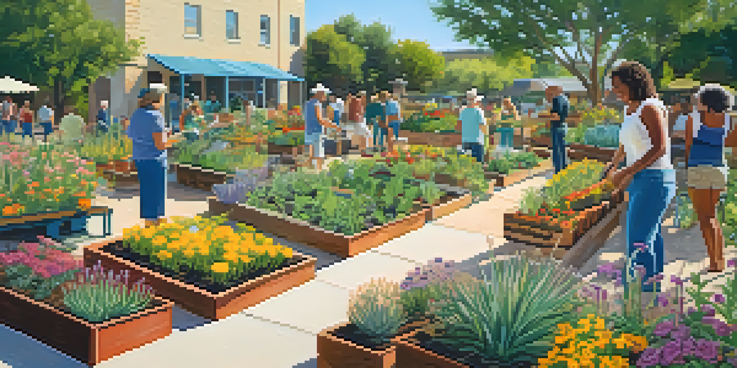A colorful community garden in Austin with residents gardening under a sunny sky.