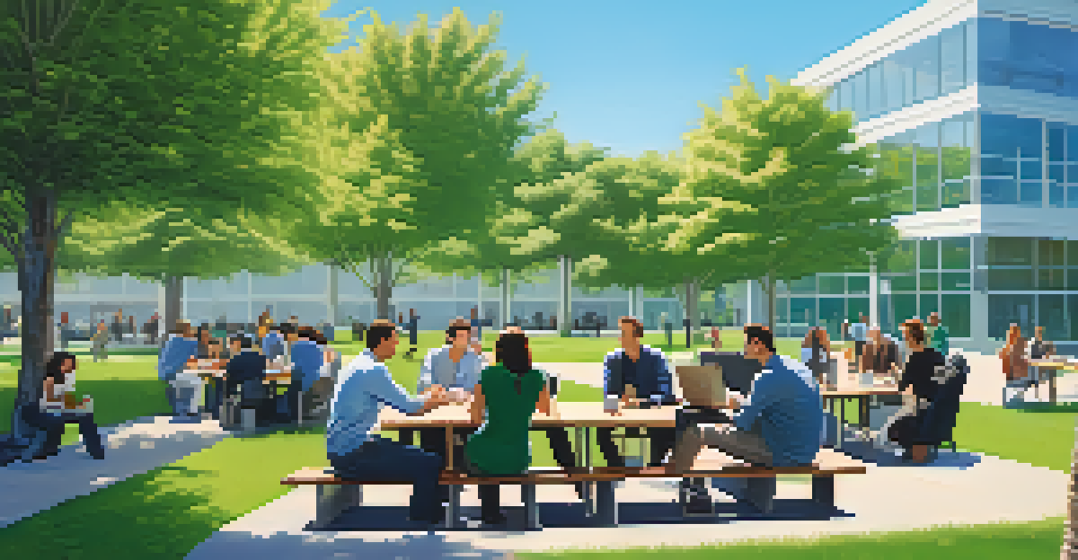 A group of tech entrepreneurs networking outdoors in a park, surrounded by nature and modern buildings.