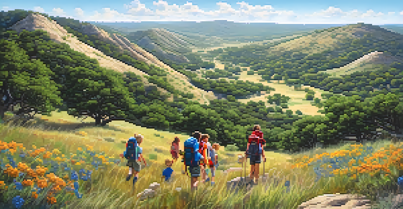 Children hiking in the Texas Hill Country during an outdoor adventure camp.
