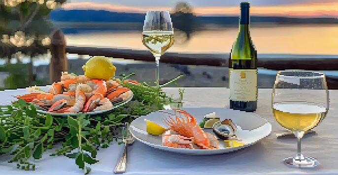 A table set outdoors with a glass of Sauvignon Blanc next to a plate of fresh seafood, highlighted by a warm sunset.