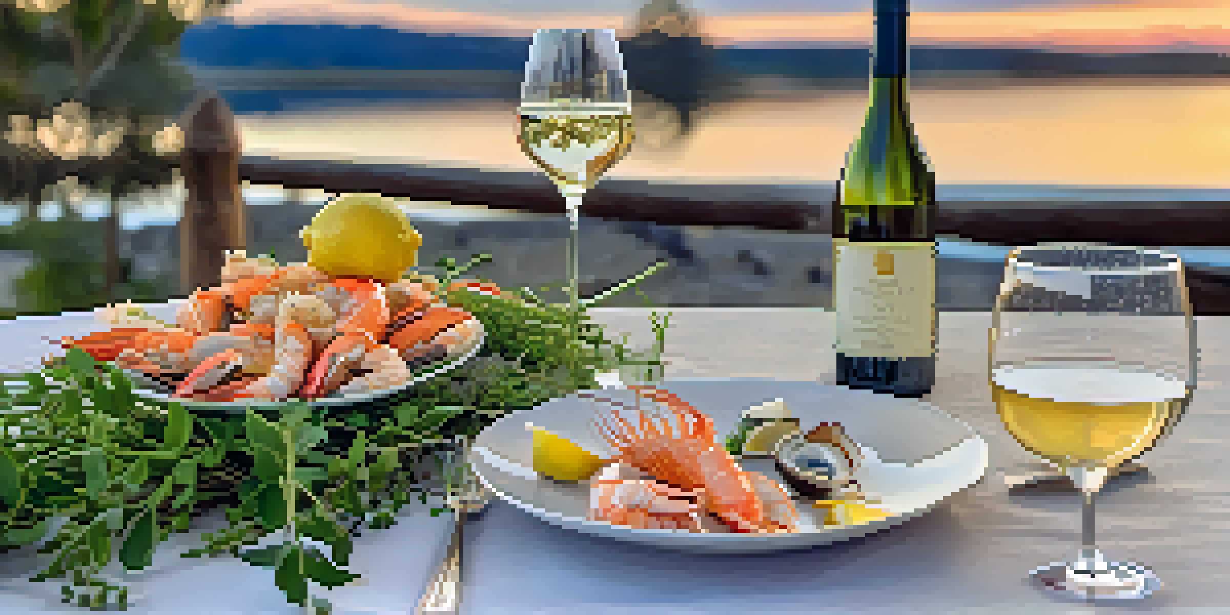 A table set outdoors with a glass of Sauvignon Blanc next to a plate of fresh seafood, highlighted by a warm sunset.