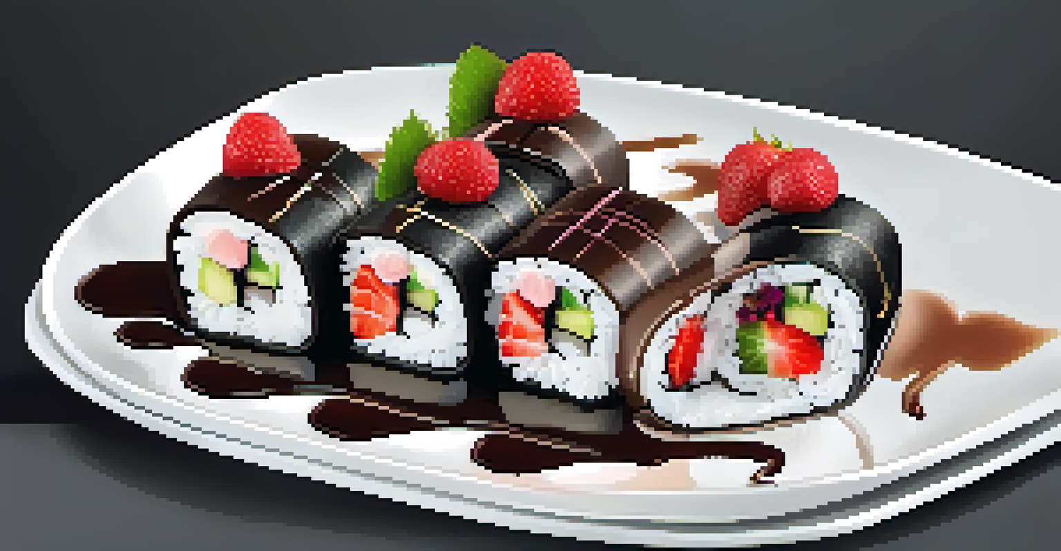 A dessert sushi roll filled with strawberries and cream cheese, drizzled with chocolate sauce on a black plate.