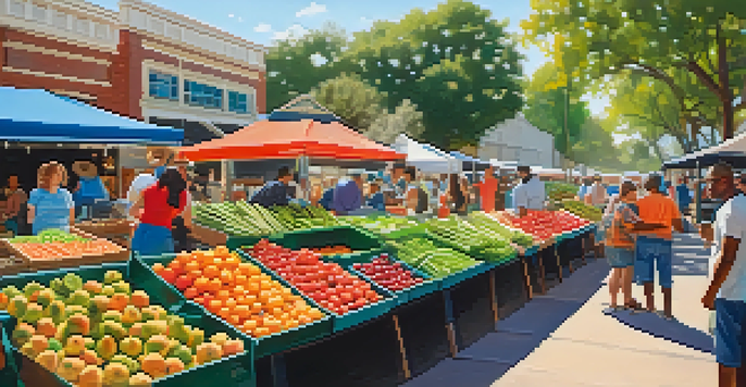 A lively farmers market in Austin filled with colorful produce and diverse people interacting with vendors.