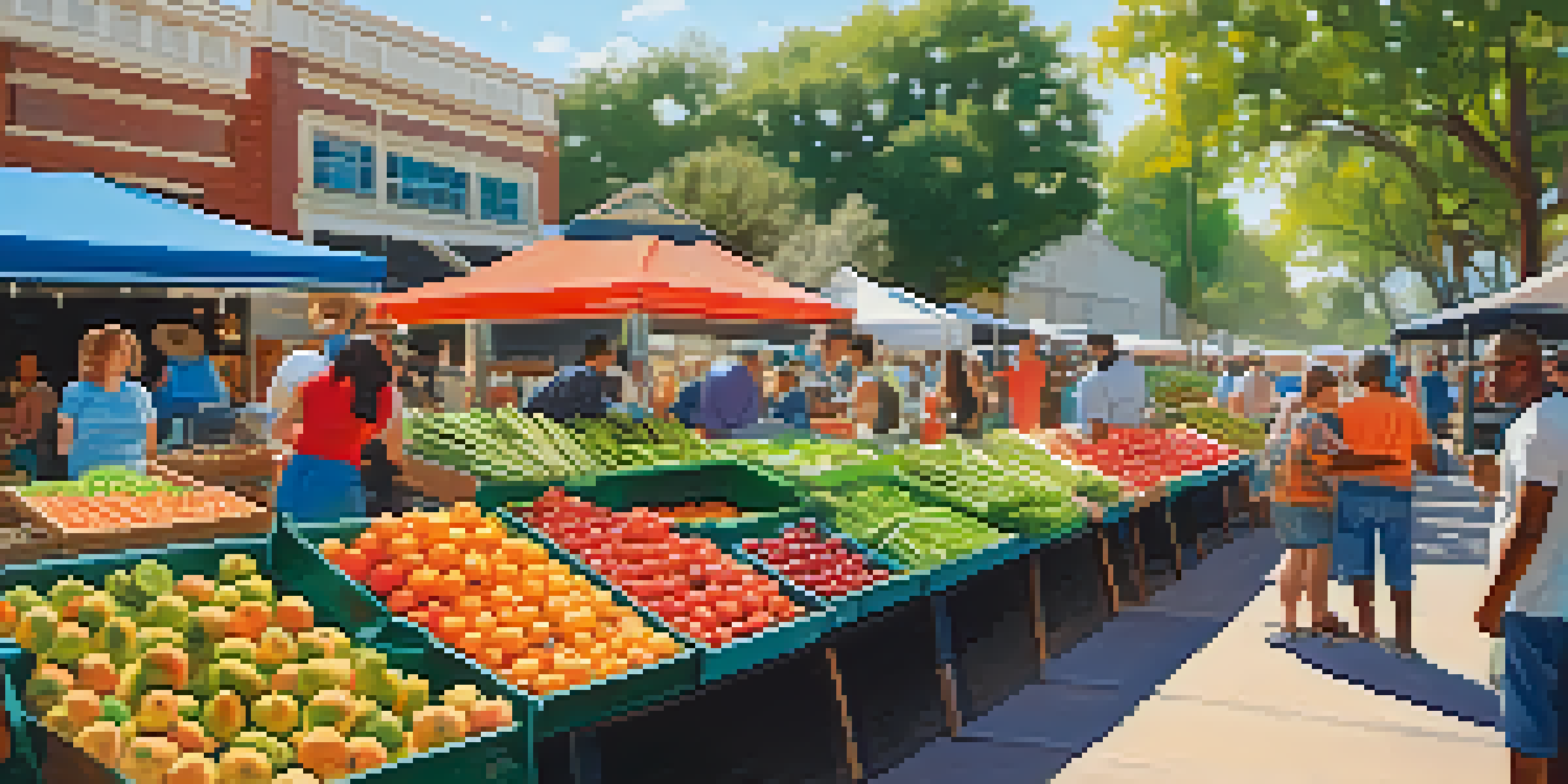 A lively farmers market in Austin filled with colorful produce and diverse people interacting with vendors.