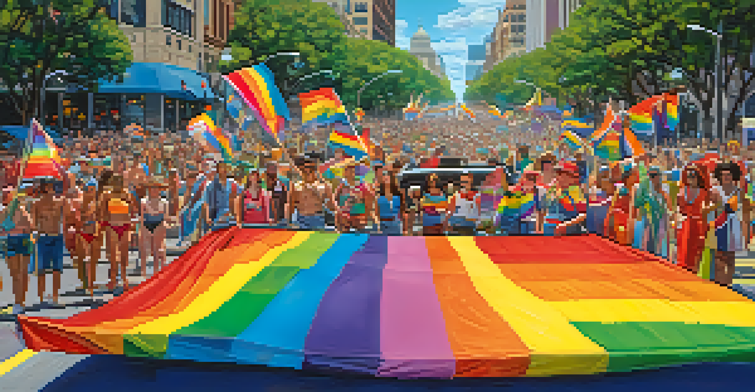 A colorful parade scene from the Austin Pride Festival, featuring floats with rainbow flags and attendees celebrating diversity.