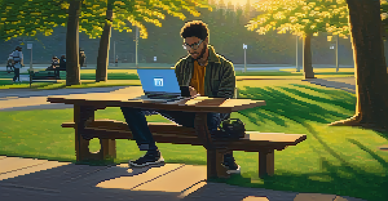 A tech worker using a laptop on a park bench surrounded by nature during sunset.
