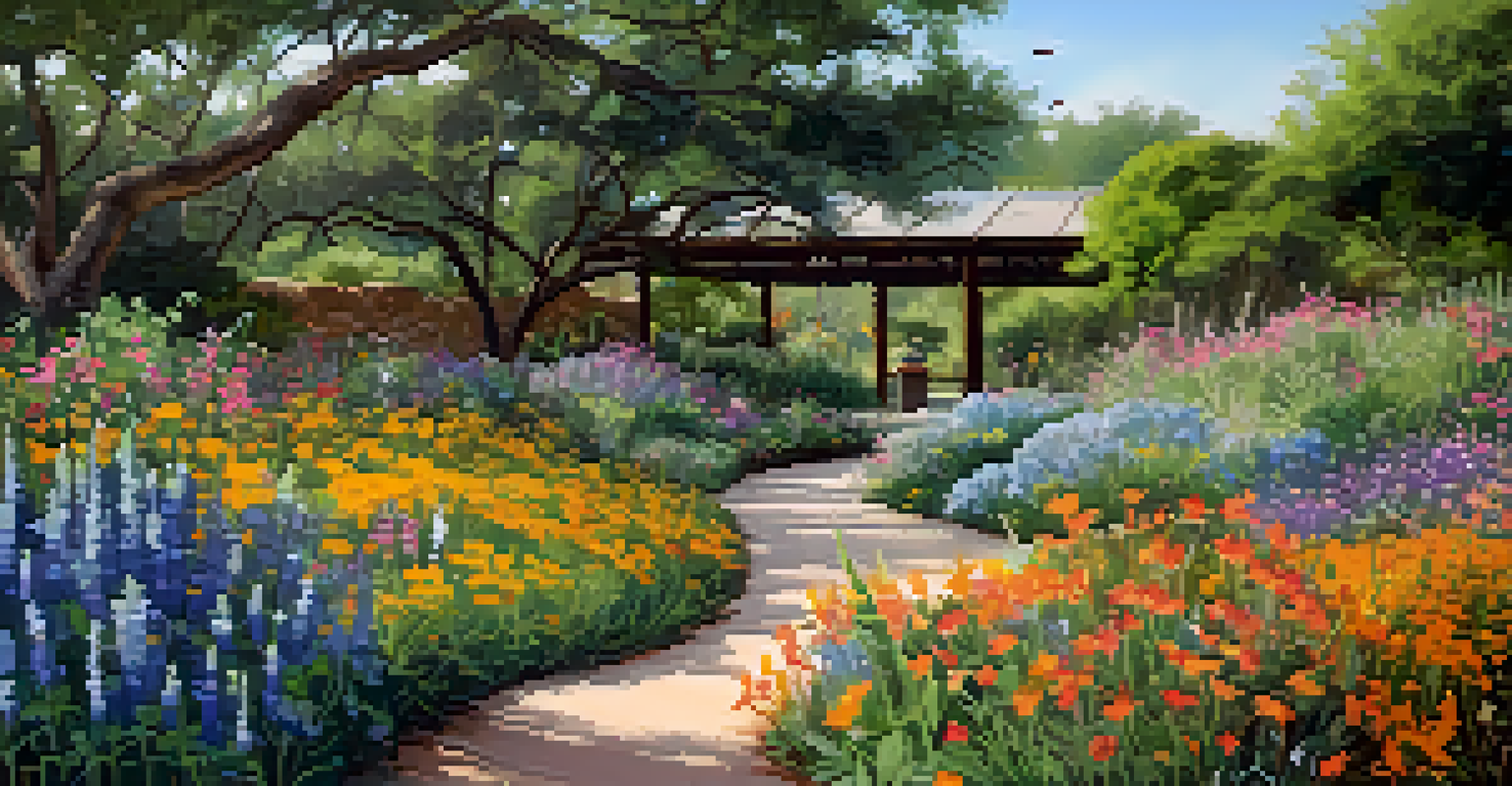 A close-up of colorful native wildflowers with bees and butterflies, set against a garden path at the Lady Bird Johnson Wildflower Center.