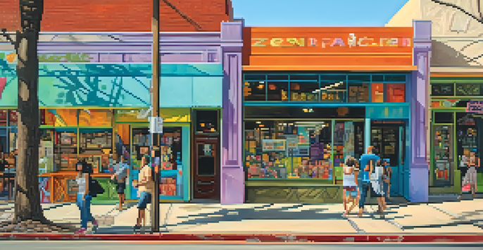 A lively street scene on South Congress Avenue with colorful murals, eclectic shops, and people walking.