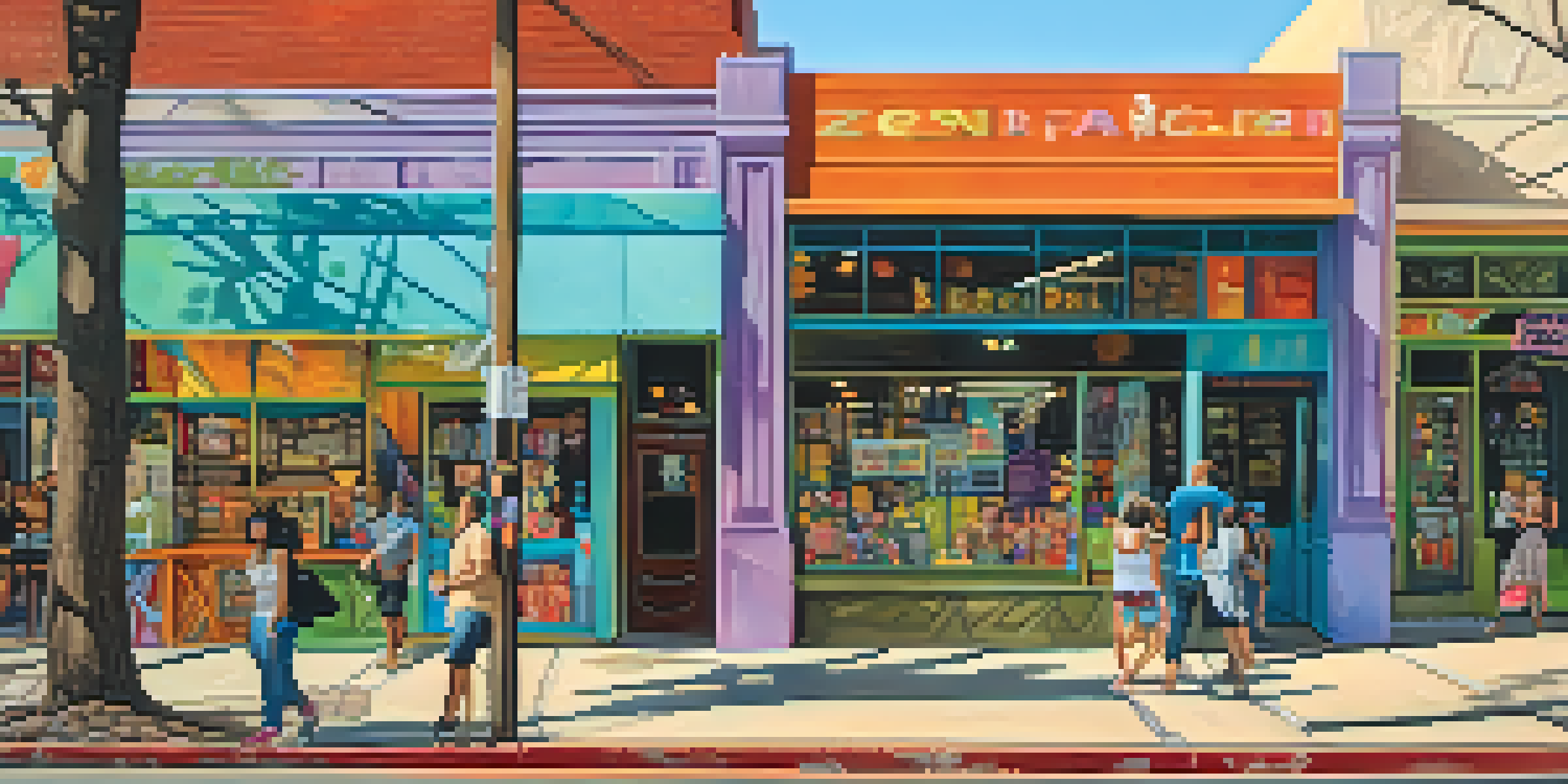 A lively street scene on South Congress Avenue with colorful murals, eclectic shops, and people walking.
