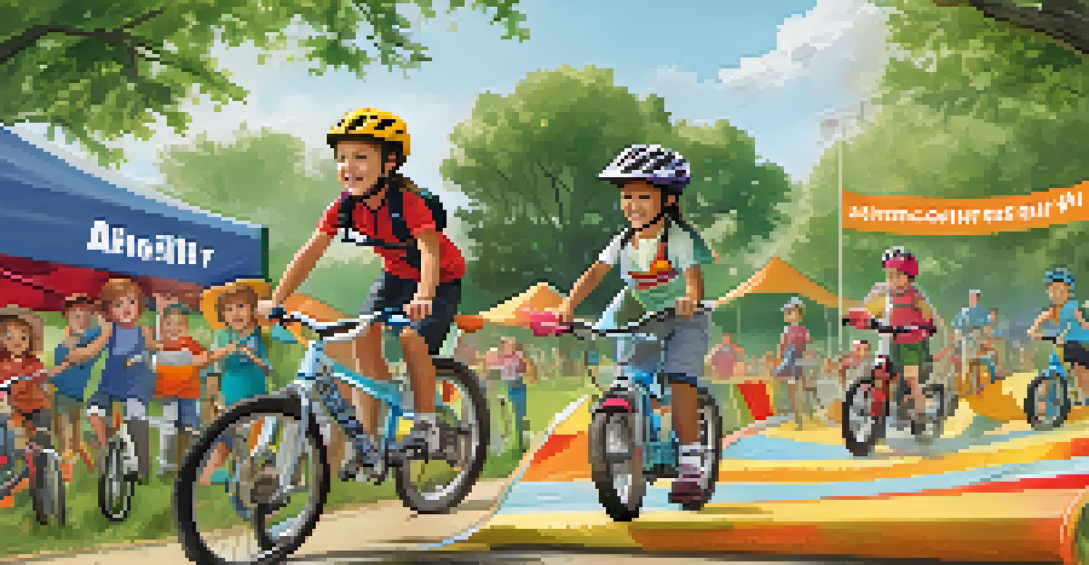 Children participating in a biking event, navigating an obstacle course while parents watch proudly.