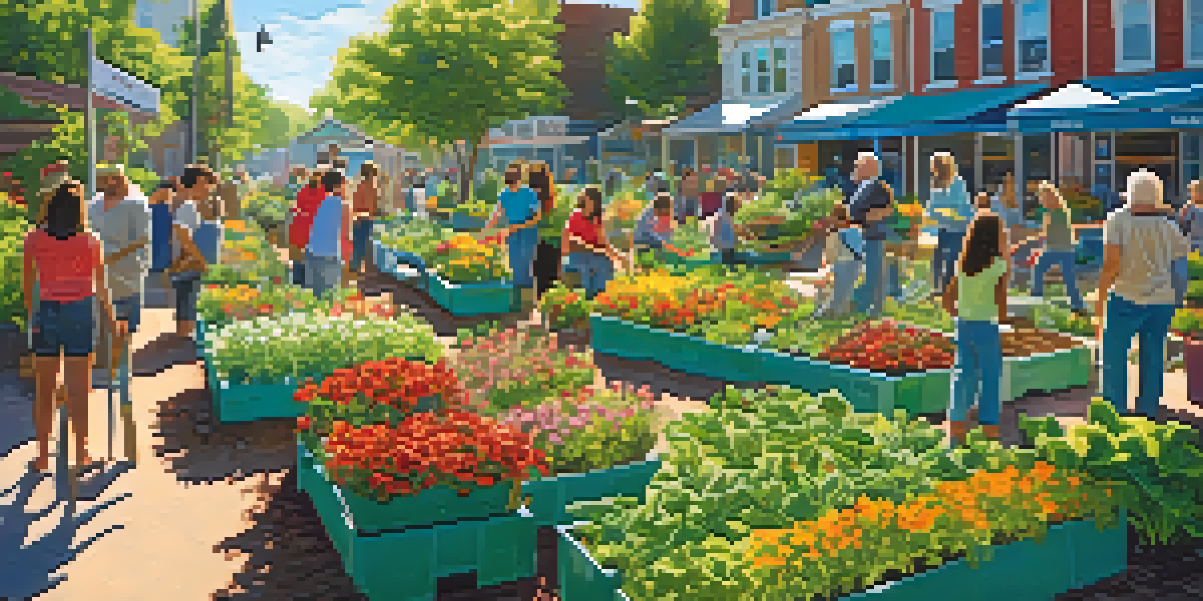 A lively community garden with people planting vegetables and herbs under a sunny sky.